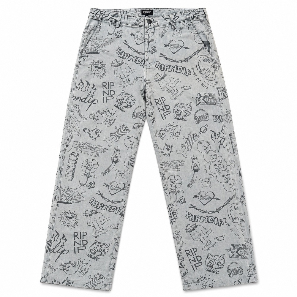 RIPNDIP All Over Doodle Print Straight Leg Denim Pants Mens 36 Light Blue